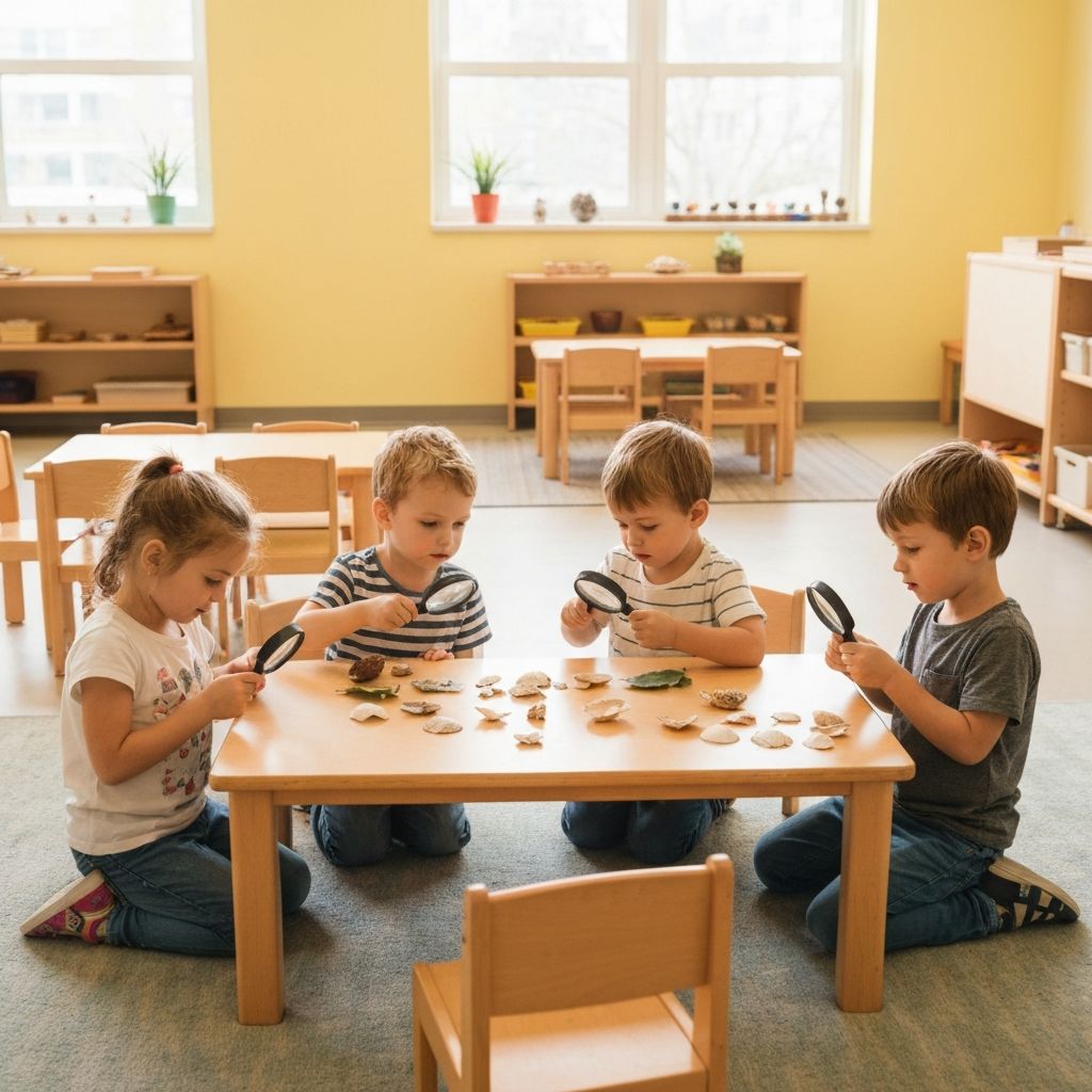 探究学習：虫眼鏡で自然を観察する園児